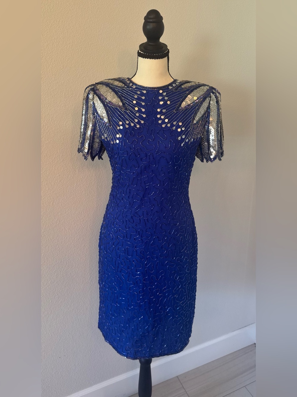 Vintage 1980s Laurence Kazar Hand Beaded Royal Blue Silk Cocktail Dress PS